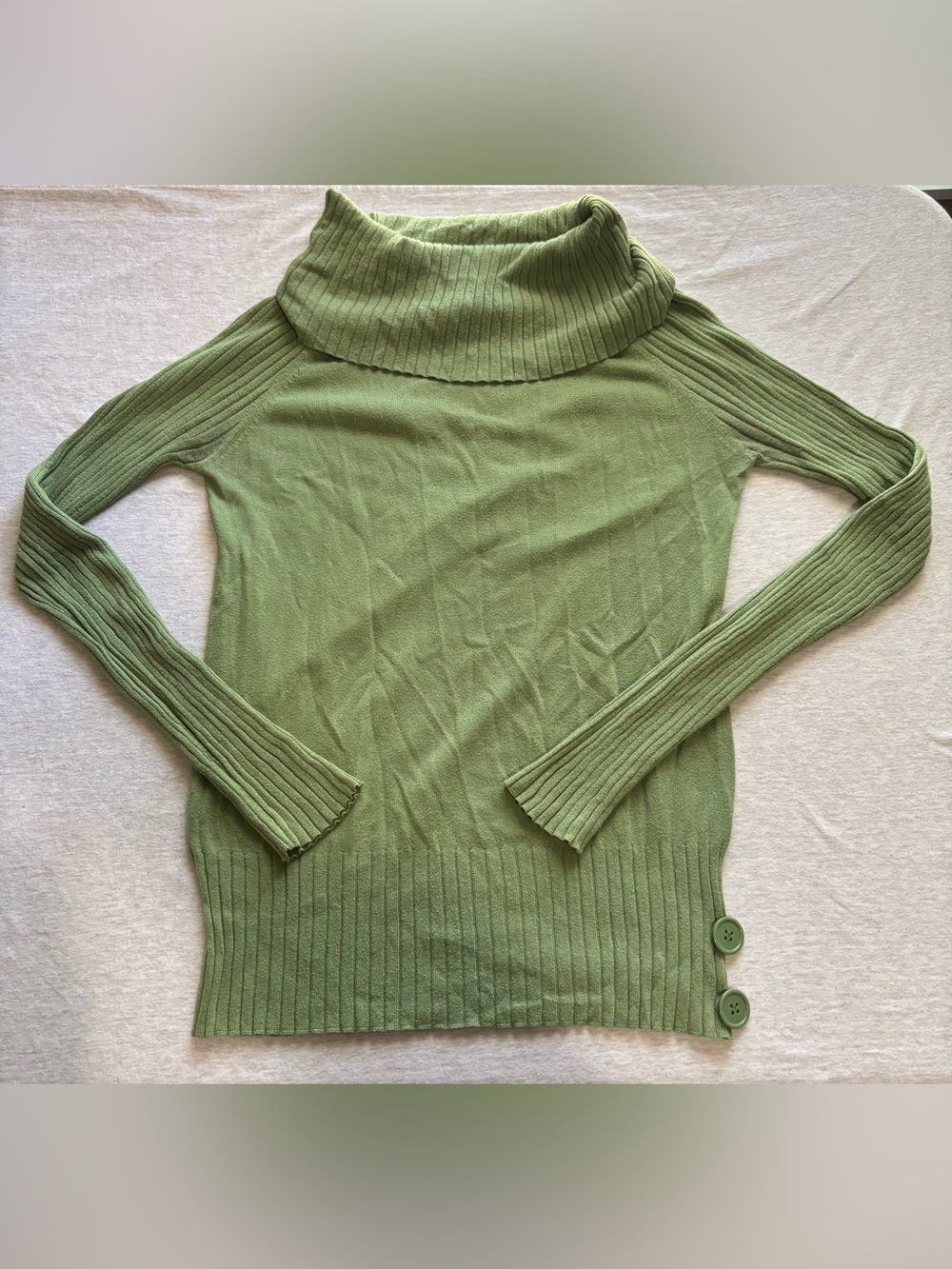 Sweater Project Olive Green Ribbed Turtleneck Sweater Button Detail L